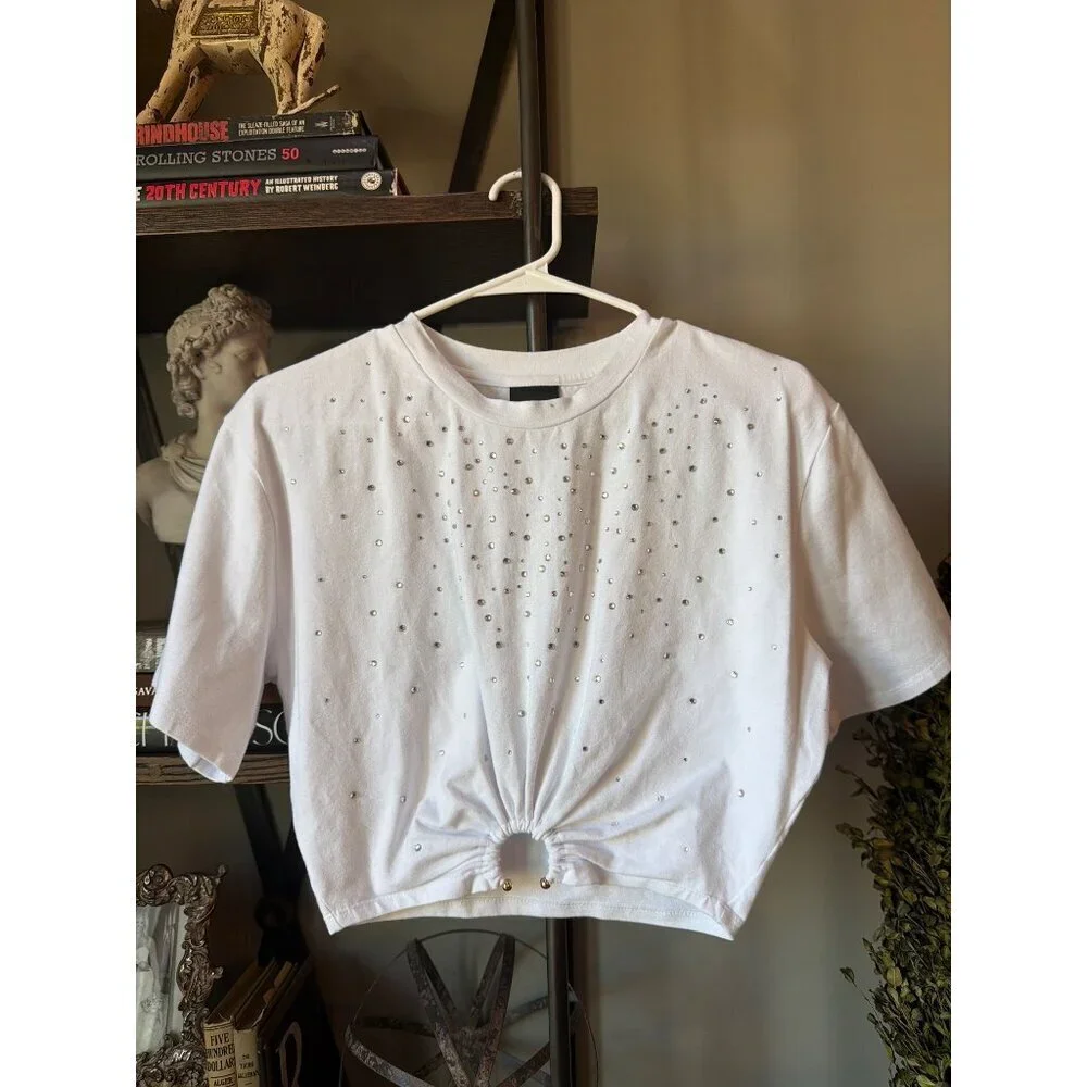 Le Superbe Iced Trancas RHINESTONE Embellished Cropped Tee White Womens Size XS